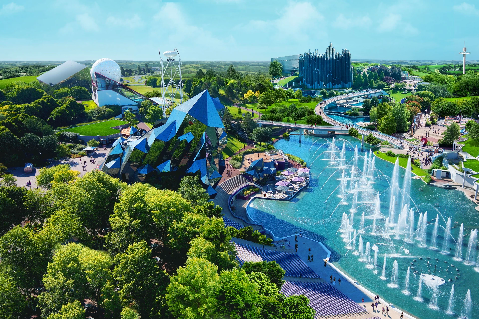 Vista aérea do Futuroscope com o Kinémax, o lago e os jardins do parque